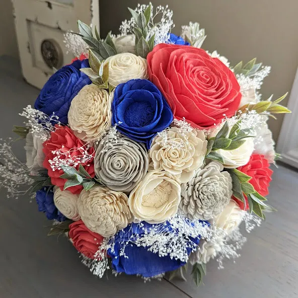 Royal Blue, Light Gray, Bright Coral, and Ivory Bouquet with Baby's Breath and Greenery
