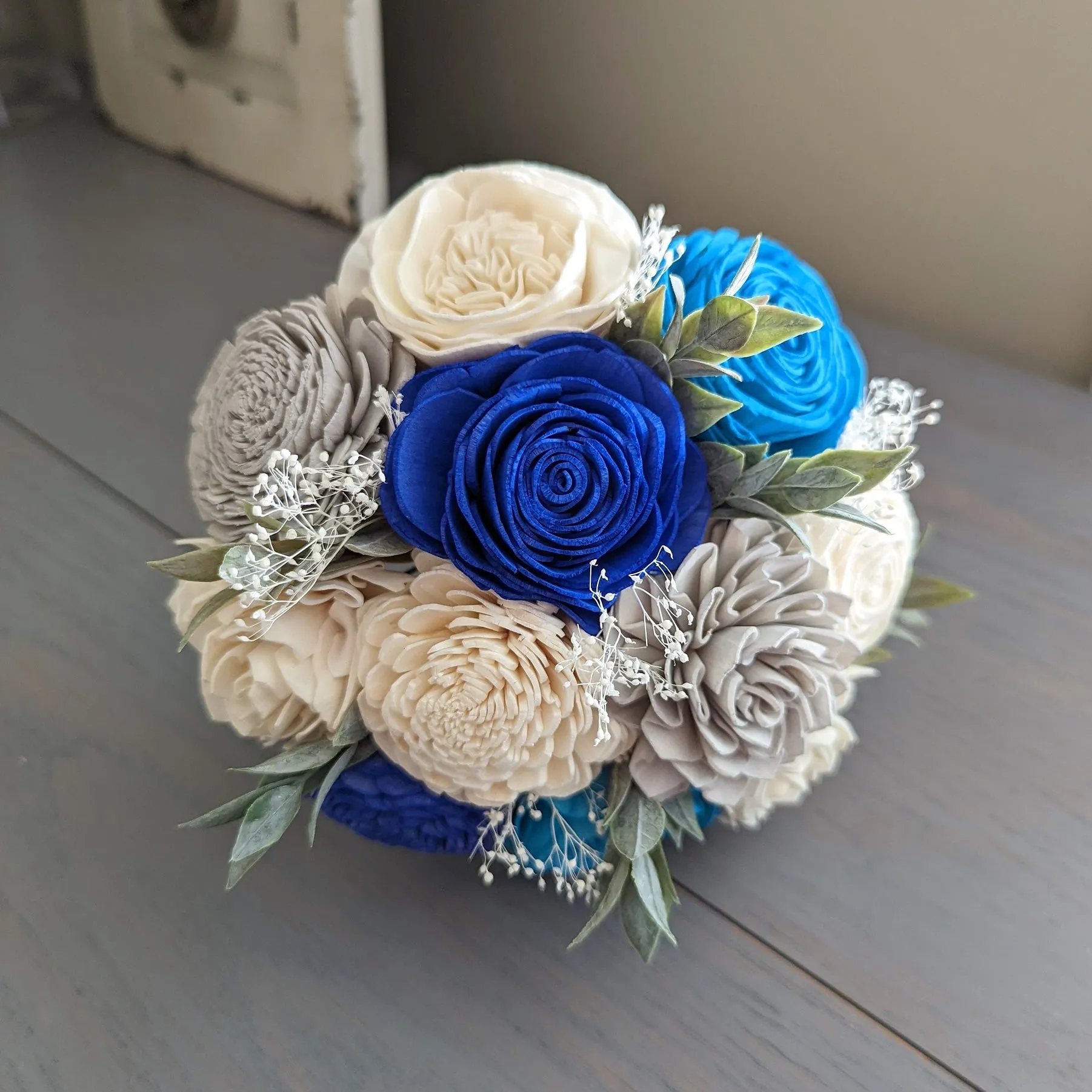 Royal Blue, Light Gray, Teal, and Ivory Bouquet with Baby's Breath and Greenery