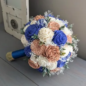 Royal Blue, Rose Gold, and Ivory Bouquet with Baby's Breath and Greenery