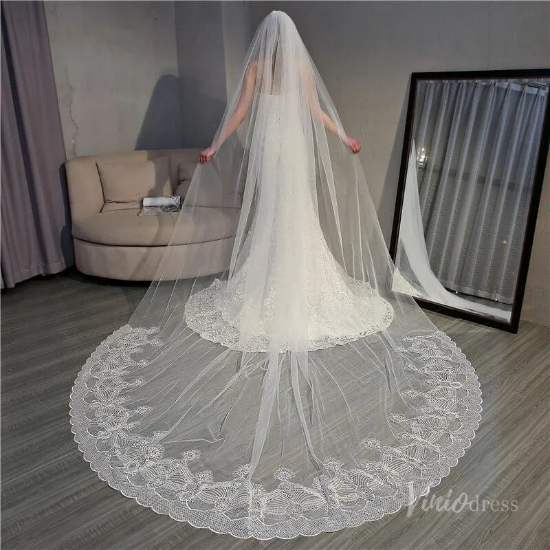Roycebridal Ivory Tulle Lacy Cathedral Veil Viniodress TS18004