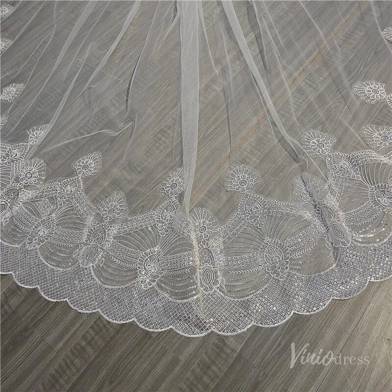 Roycebridal Ivory Tulle Lacy Cathedral Veil Viniodress TS18004