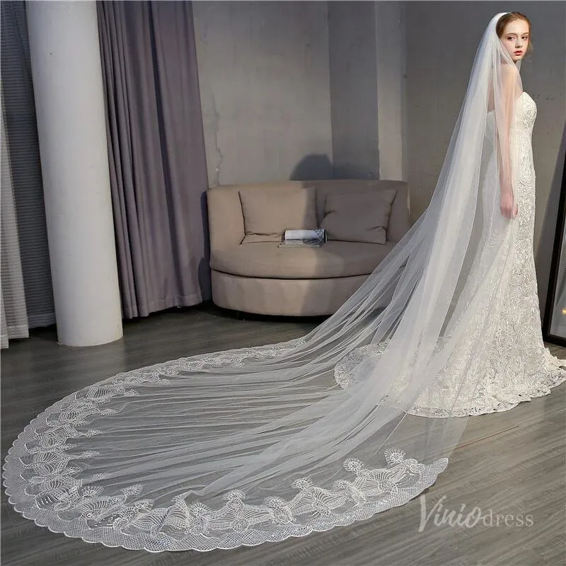 Roycebridal Ivory Tulle Lacy Cathedral Veil Viniodress TS18004