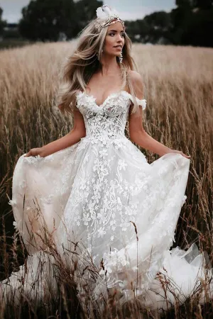 Roycebridal Ivory Tulle Off-the-Shoulder A-line Lace Flowers Beach Wedding Dresses, MW857