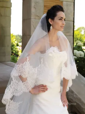 Roycebridal Vintage Lace Appliqued Long Veil with Blusher Viniodress