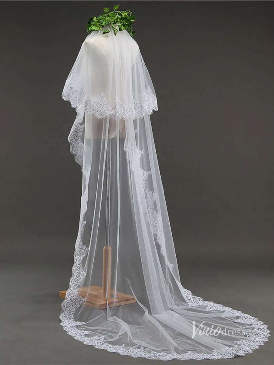 Roycebridal Vintage Lace Appliqued Long Veil with Blusher Viniodress