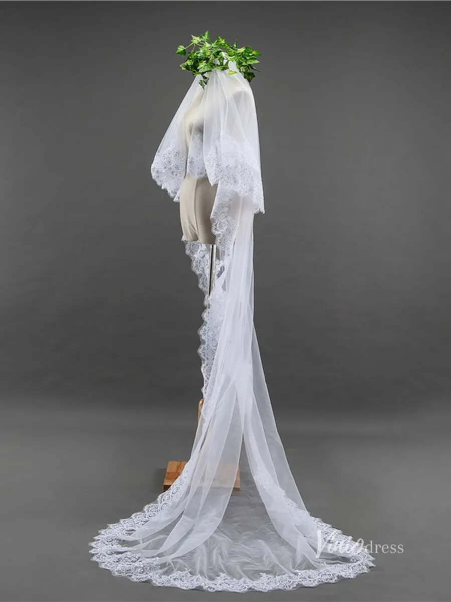 Roycebridal Vintage Lace Appliqued Long Veil with Blusher Viniodress