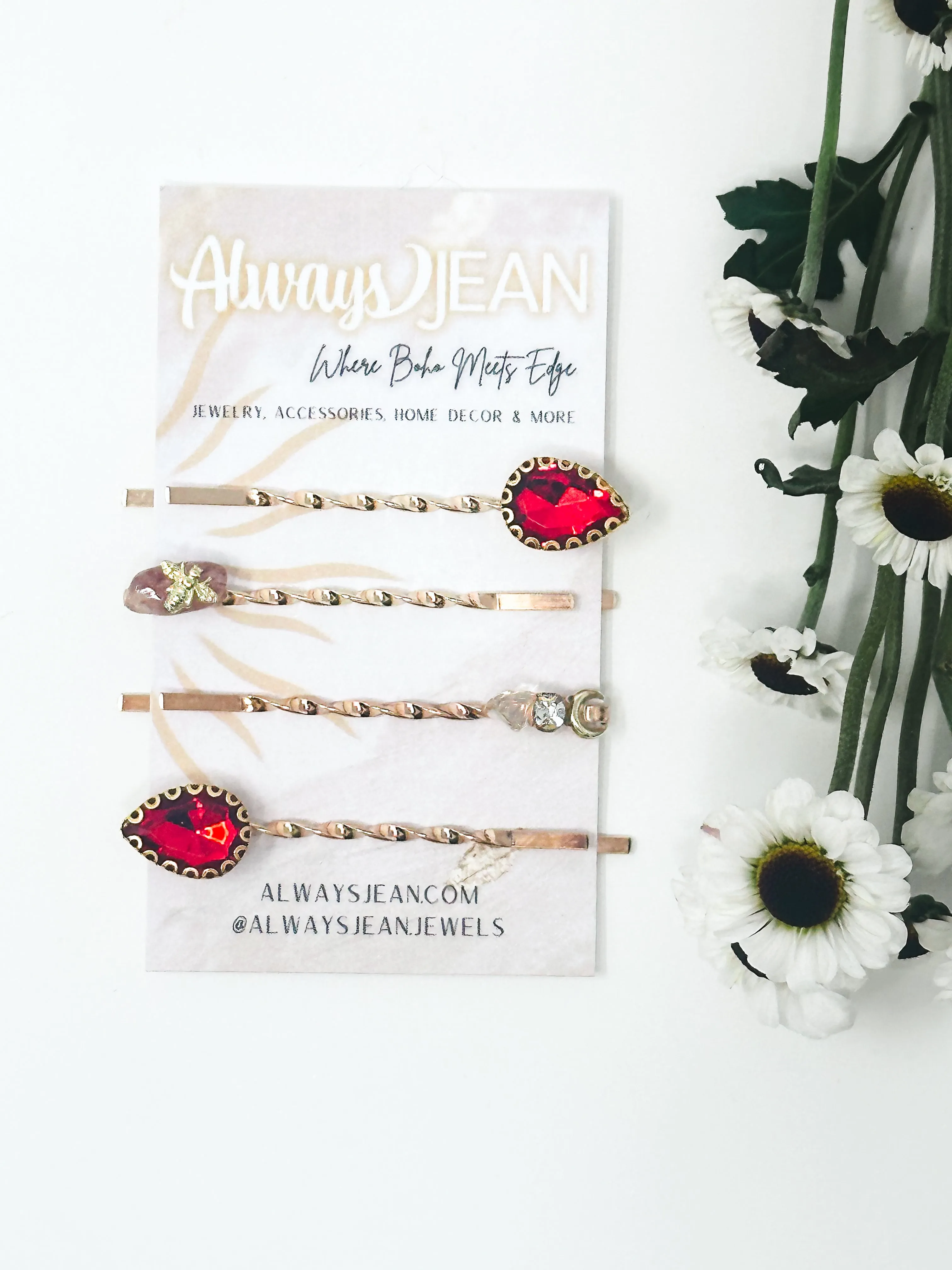 Ruby Red Faux Diamond and Strawberry Quartz Pin Set- Celestial, gemstone hair accessories- fun wedding hair accessories