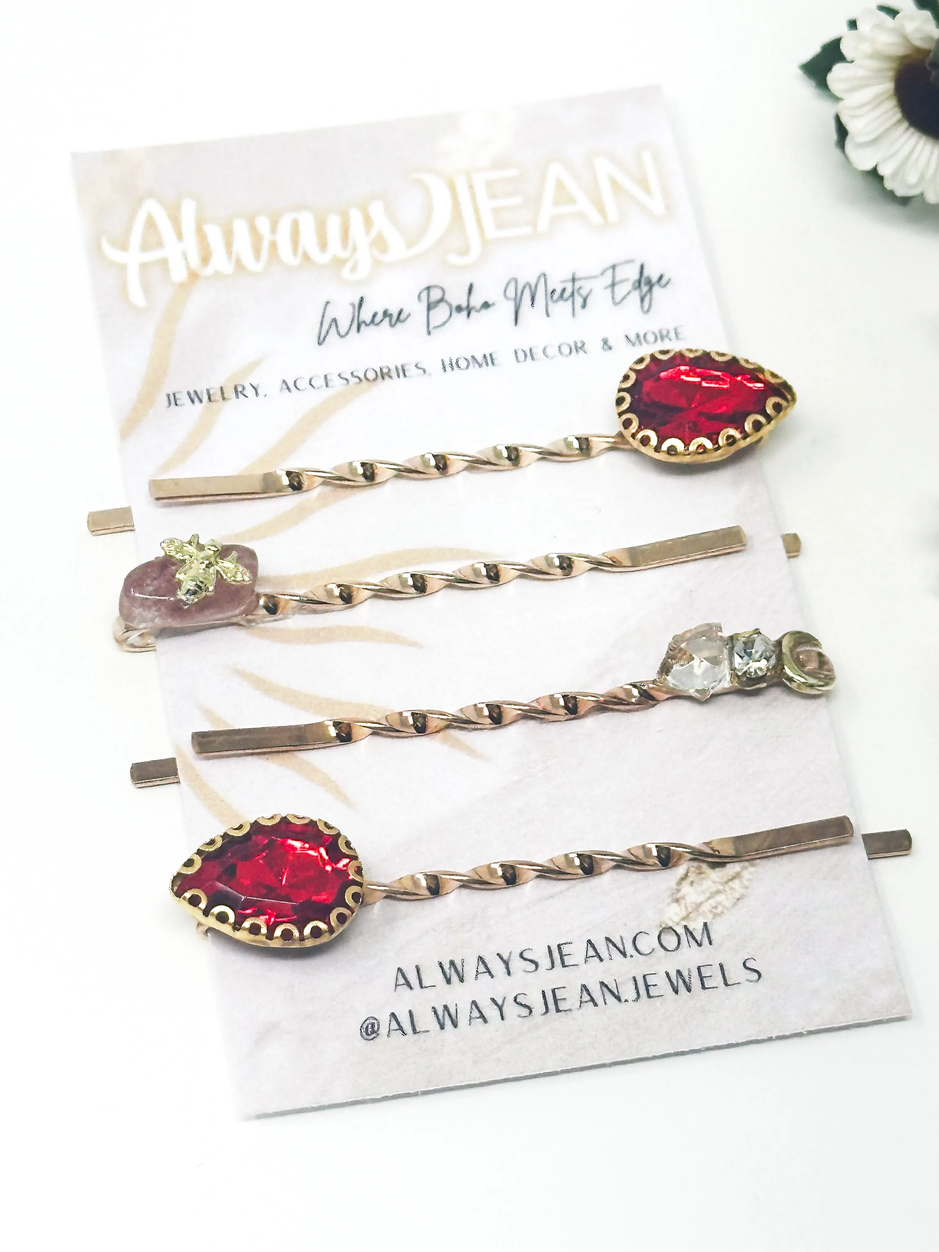 Ruby Red Faux Diamond and Strawberry Quartz Pin Set- Celestial, gemstone hair accessories- fun wedding hair accessories