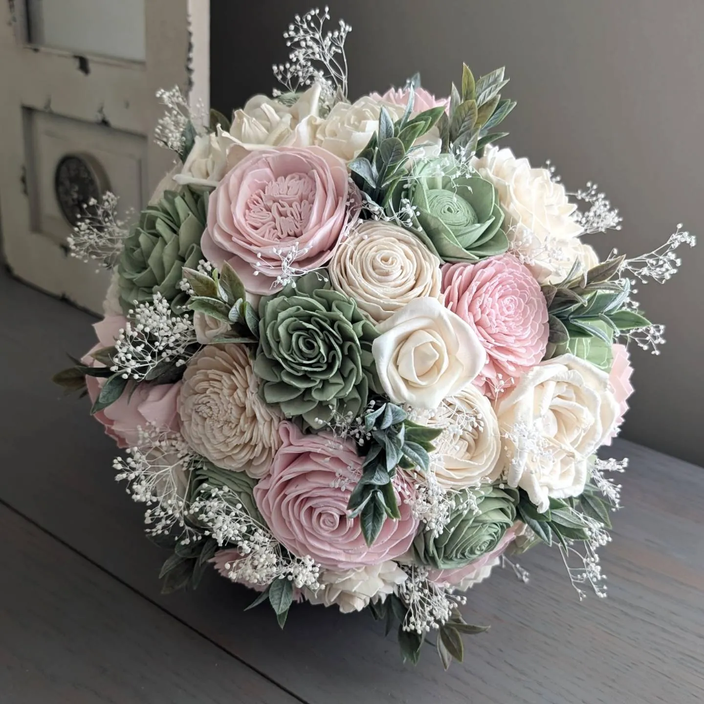 Sage, Blush, and Ivory Bouquet with Baby's Breath and Greenery