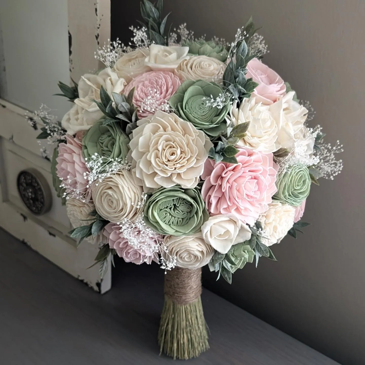 Sage, Blush, and Ivory Bouquet with Baby's Breath and Greenery