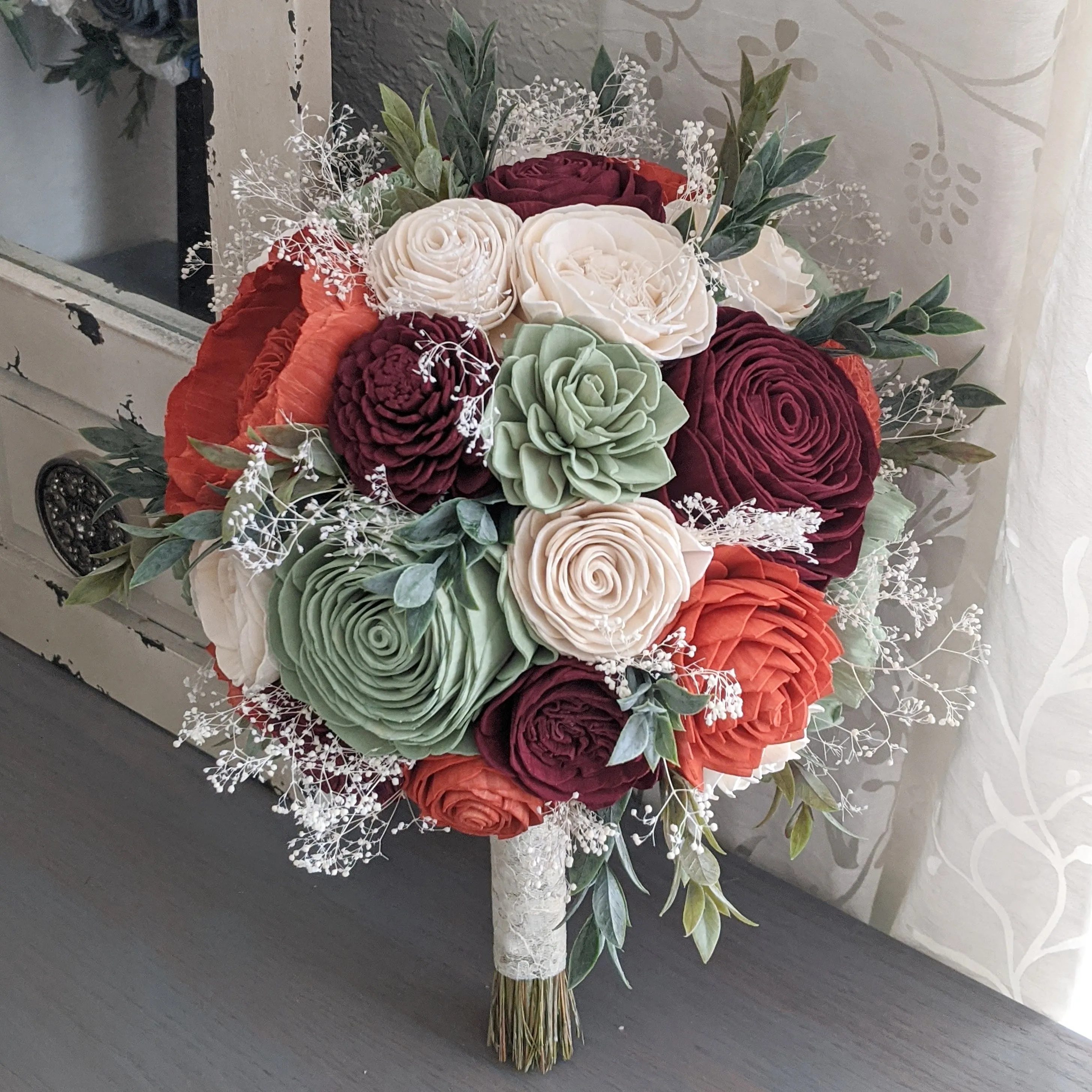 Sage, Burnt Orange, Burgundy, and Ivory Bouquet with Baby's Breath and Greenery