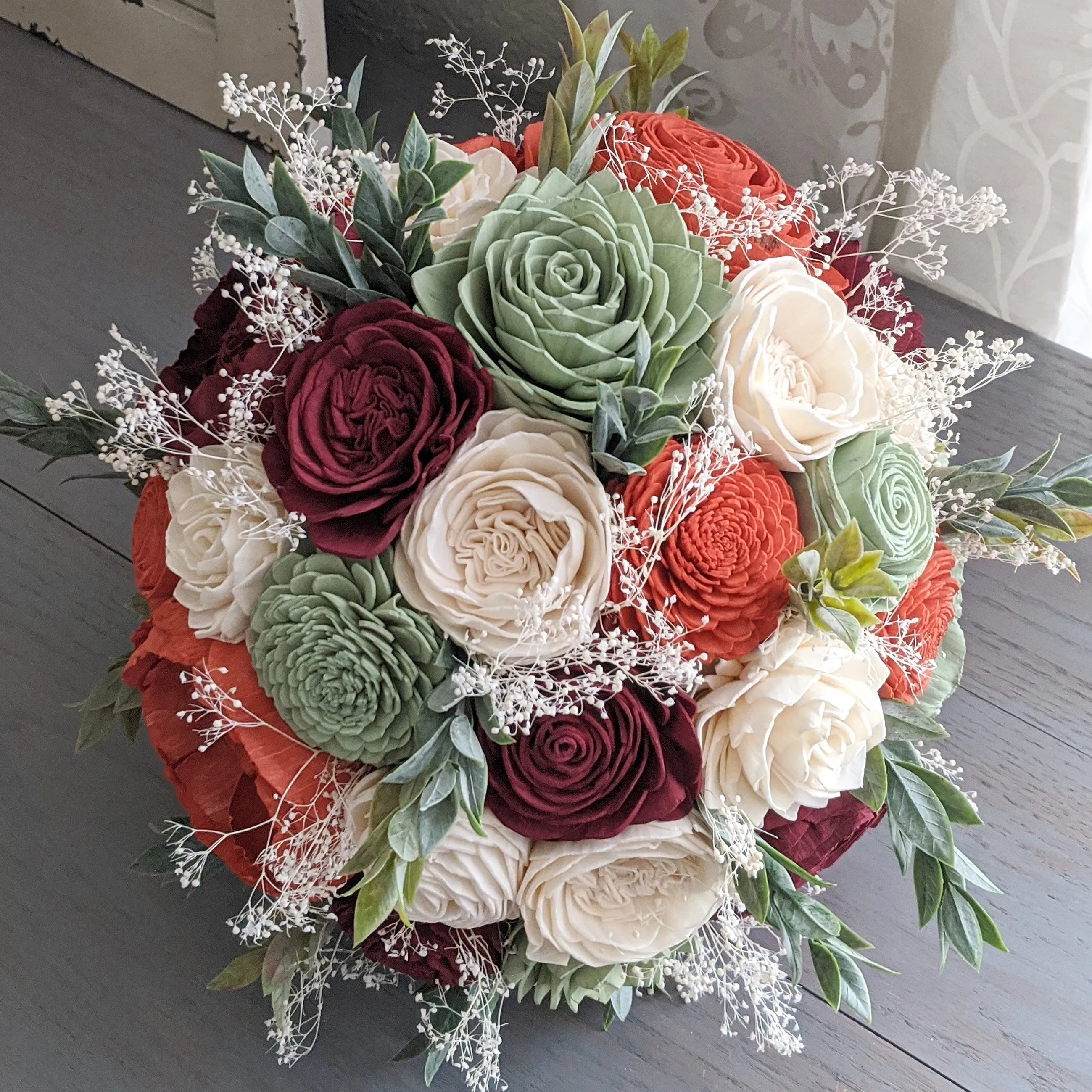 Sage, Burnt Orange, Burgundy, and Ivory Bouquet with Baby's Breath and Greenery