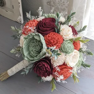 Sage, Burnt Orange, Burgundy, and Ivory Bouquet with Baby's Breath and Greenery