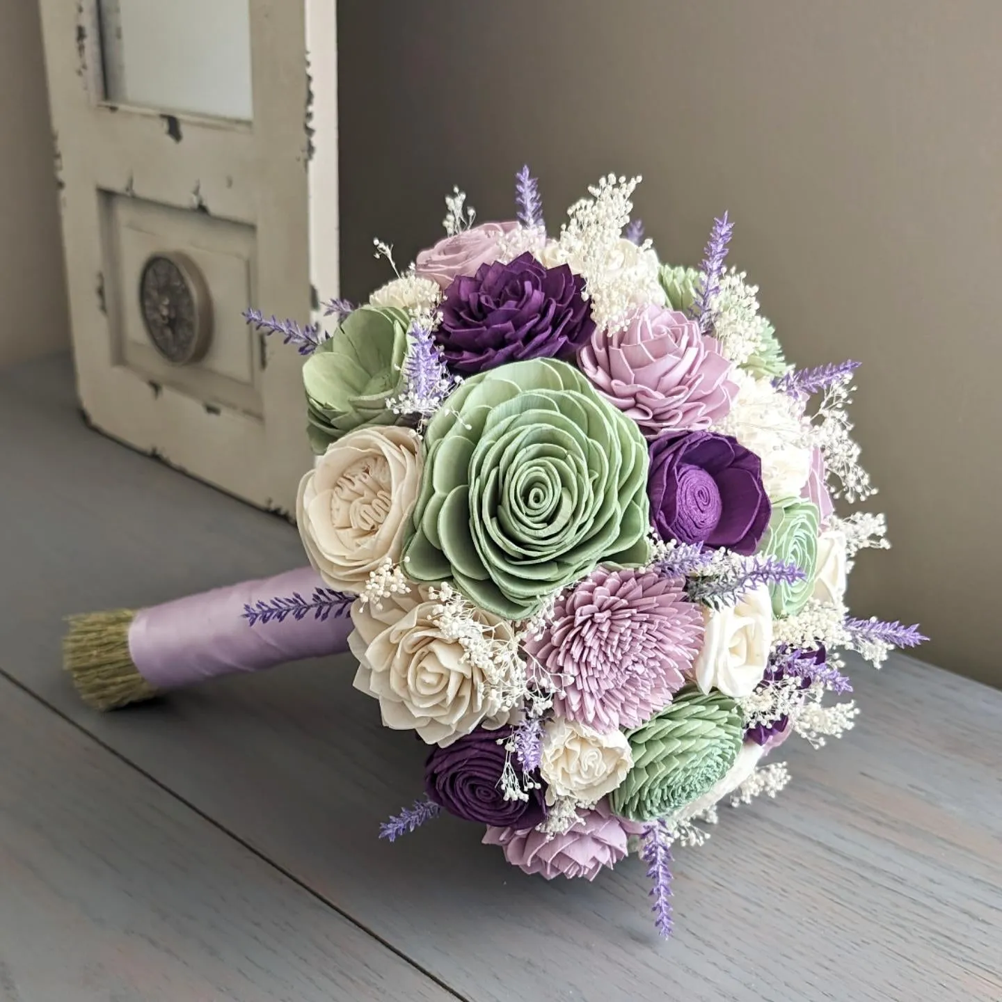 Sage, Eggplant, Lilac, and Ivory Bouquet with Lavender and Baby's Breath