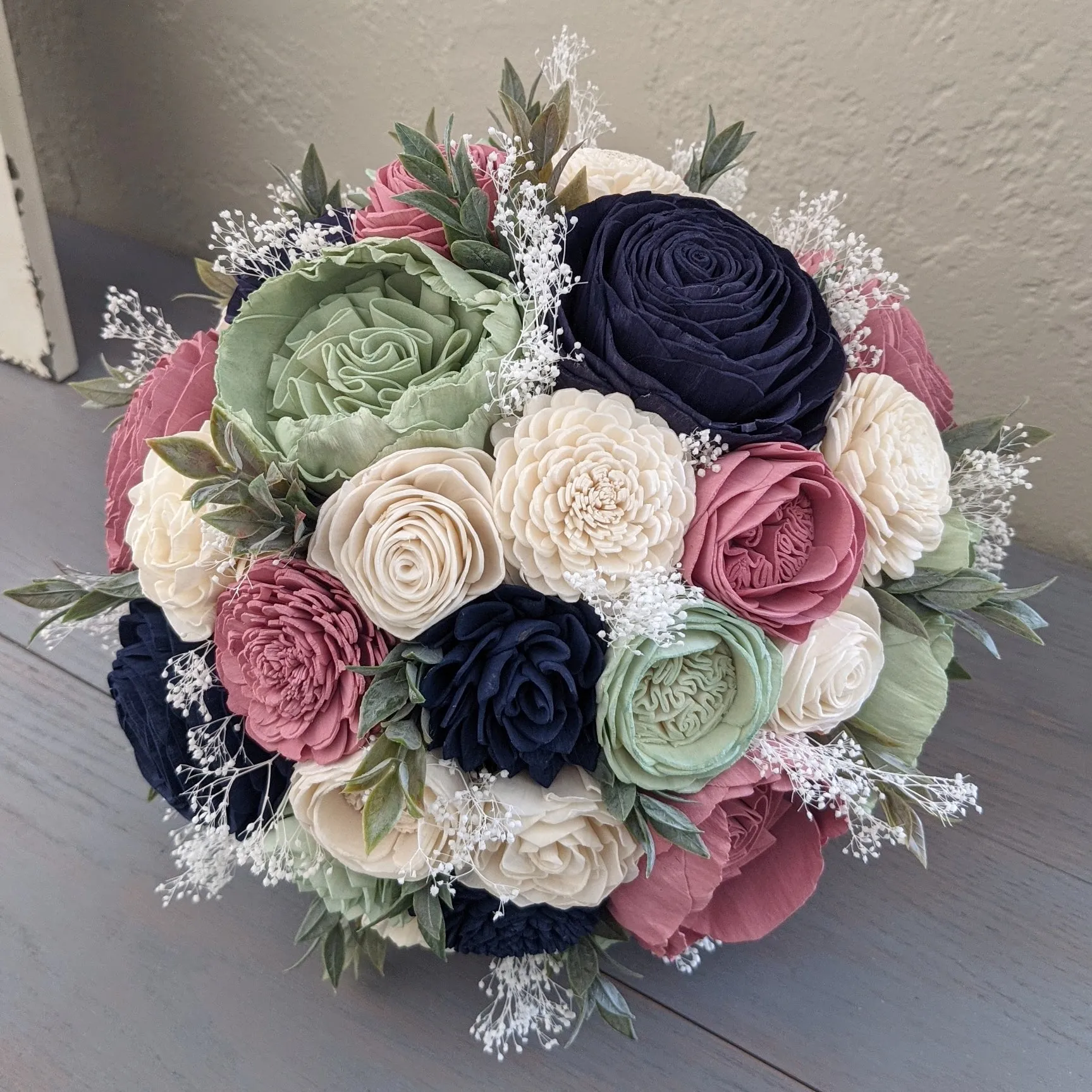 Sage, Navy, Pinkish Mauve and Ivory Bouquet with Baby's Breath and Greenery
