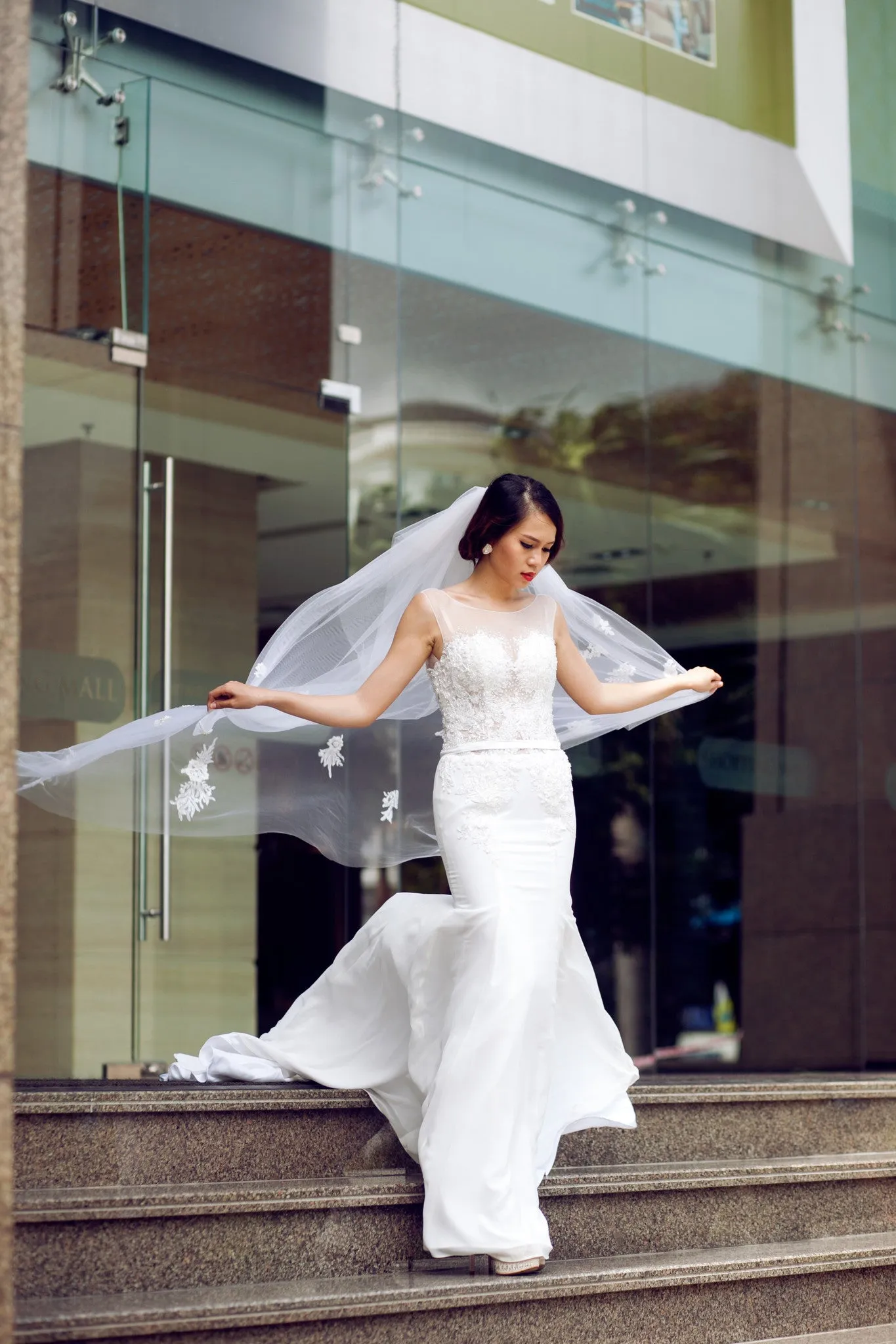 SAMPLE SALE /Two Tier Floor Length Bridal Veil with Lace Appliques and sequins (#PB107)
