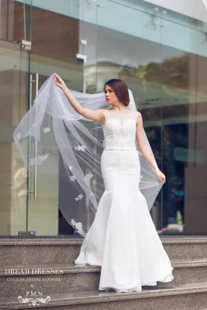 SAMPLE SALE /Two Tier Floor Length Bridal Veil with Lace Appliques and sequins (#PB107)