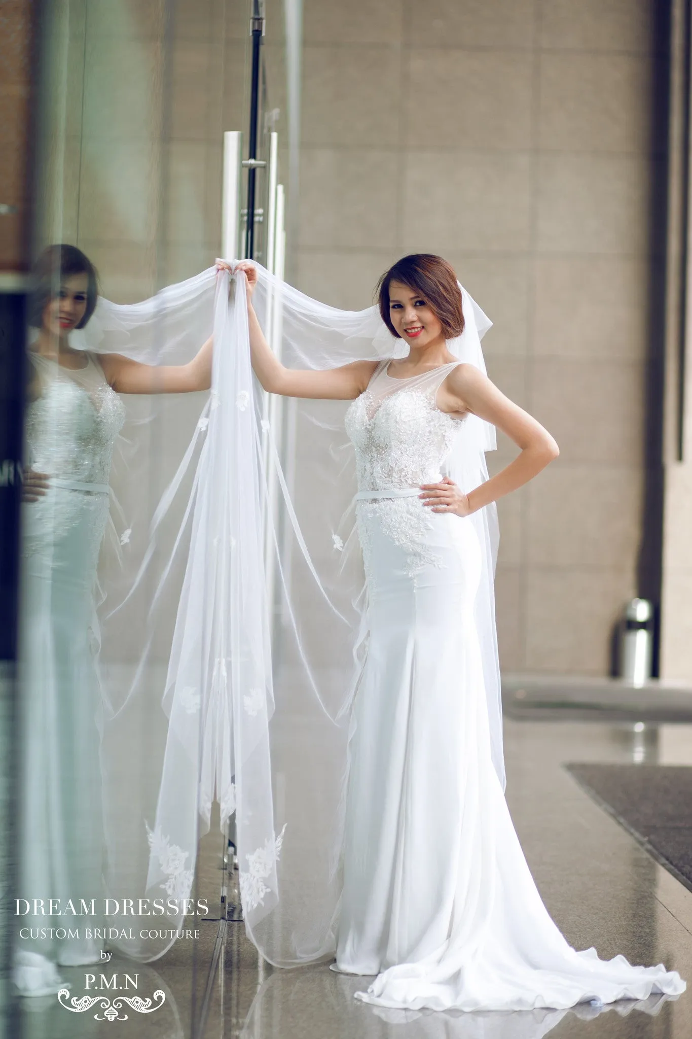 SAMPLE SALE /Two Tier Floor Length Bridal Veil with Lace Appliques and sequins (#PB107)