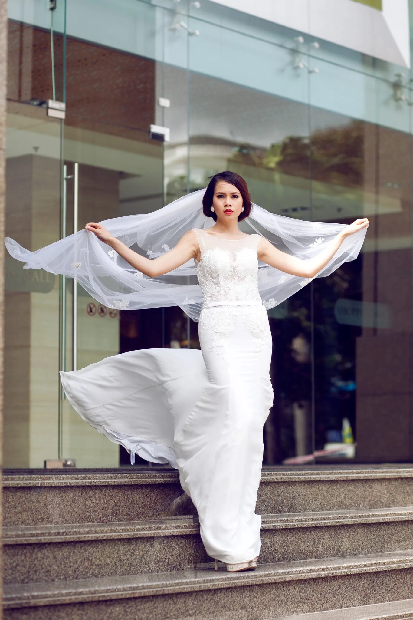 SAMPLE SALE /Two Tier Floor Length Bridal Veil with Lace Appliques and sequins (#PB107)