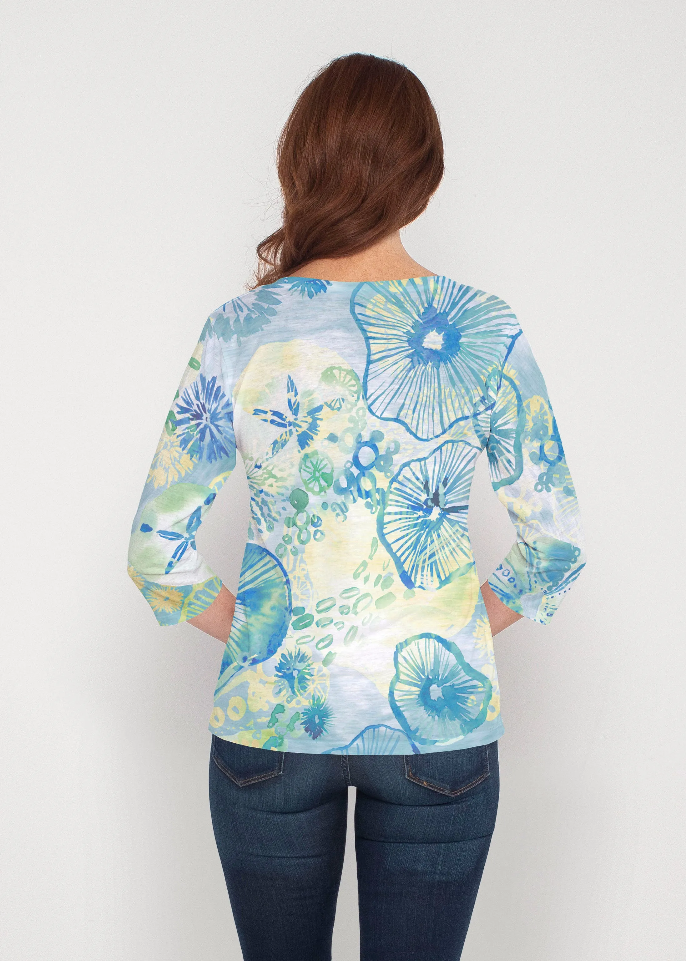 Sand Dollar Aqua (16256) ~ Signature 3/4 Sleeve V-Neck Top