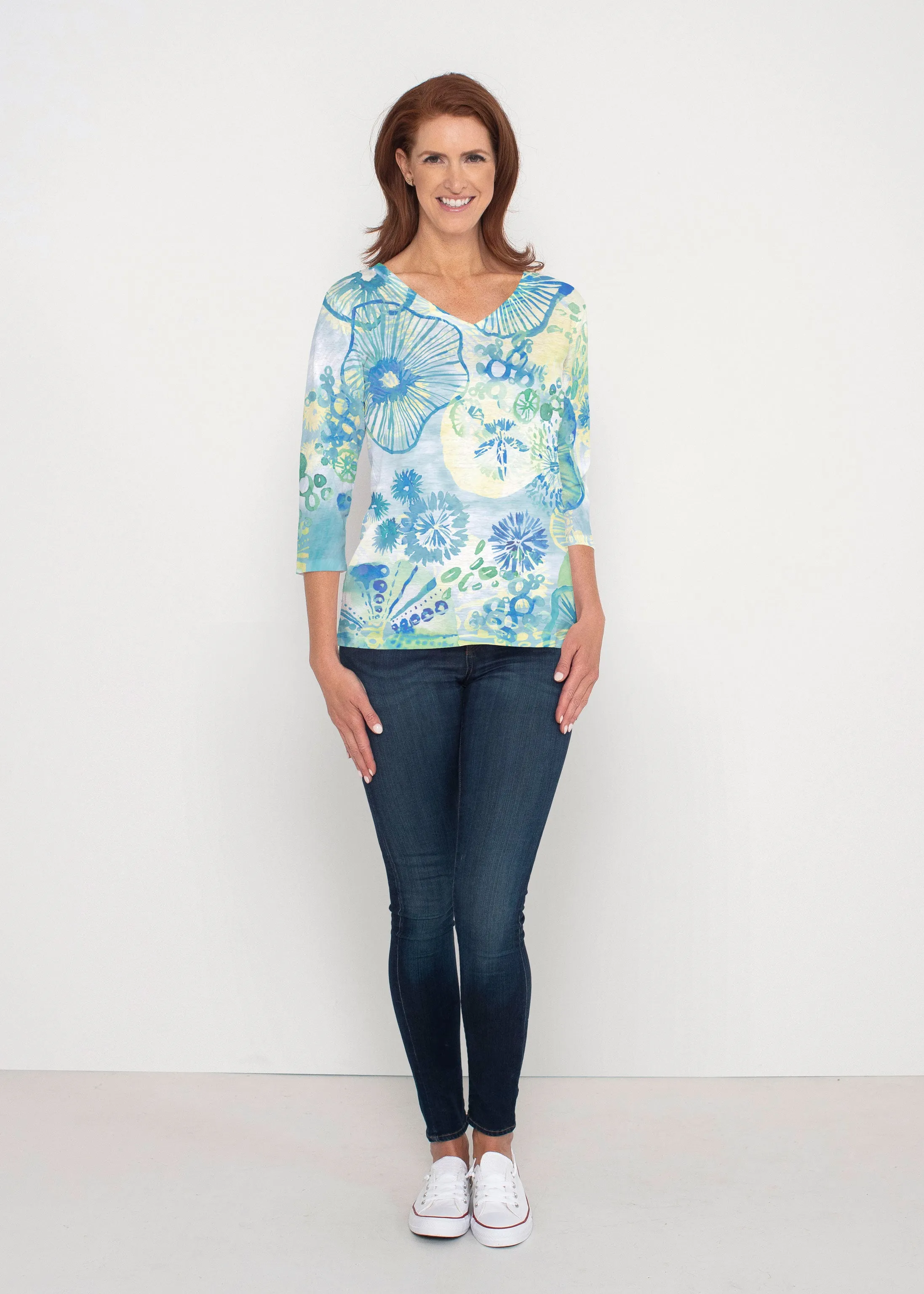 Sand Dollar Aqua (16256) ~ Signature 3/4 Sleeve V-Neck Top
