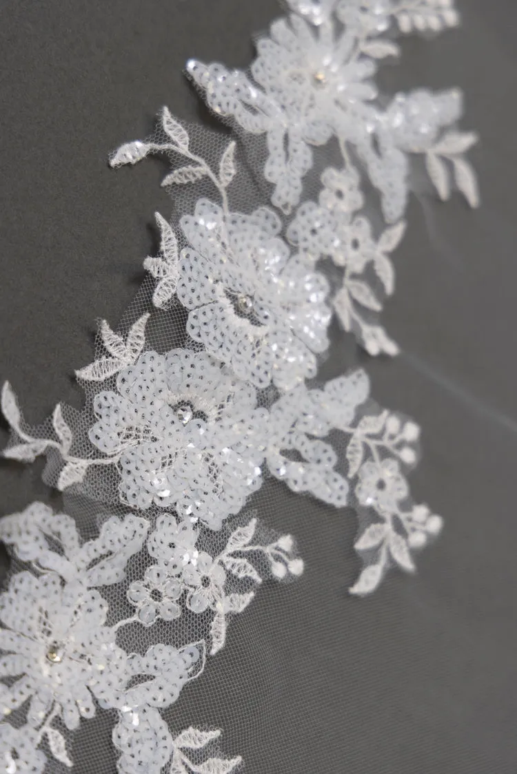 Sequin Floral Lace Edge - 42" Long Fingertip Sheer Veil