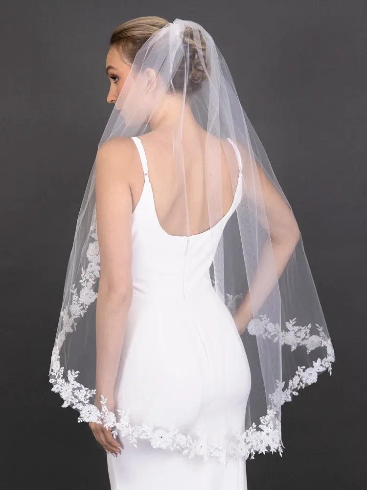 Sequin Floral Lace Edge - 42" Long Fingertip Sheer Veil