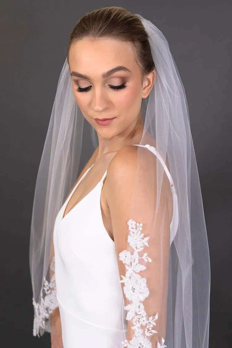 Sequin Floral Lace Edge - 42" Long Fingertip Sheer Veil