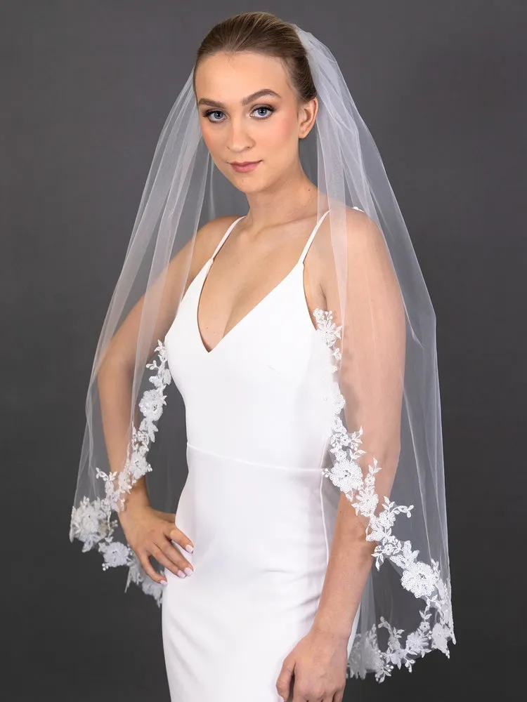 Sequin Floral Lace Edge - 42" Long Fingertip Sheer Veil