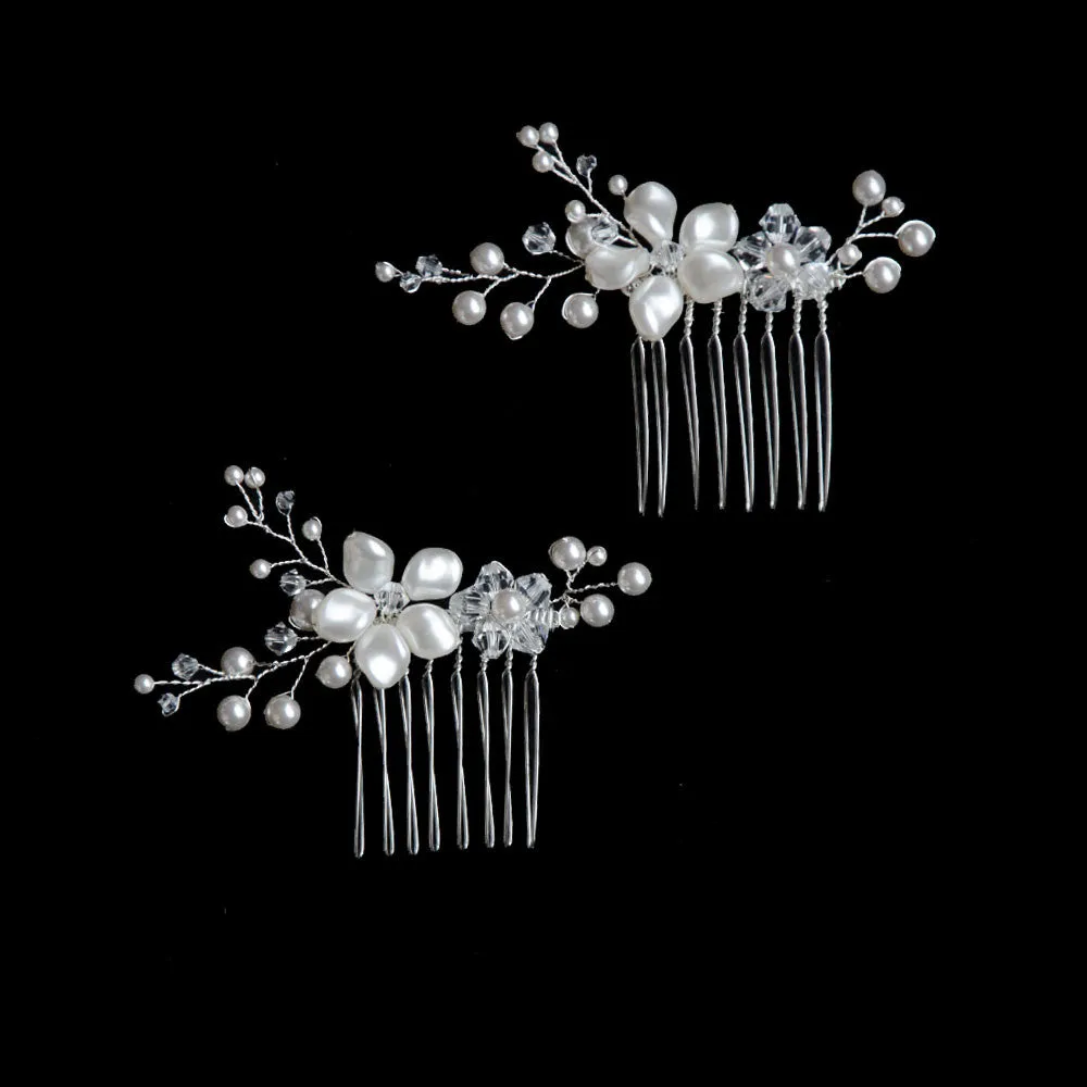 Set for 2 Petite Swarovski White Pearls Handmade Bridal Comb Set