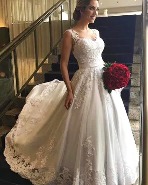 Sexy Lace Wedding Dresses with Appliques Sheer Scoop Neck Tulle A-line Bridal Gowns 2019