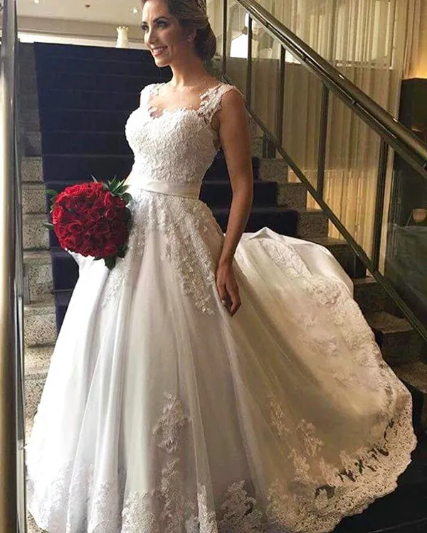 Sexy Lace Wedding Dresses with Appliques Sheer Scoop Neck Tulle A-line Bridal Gowns 2019