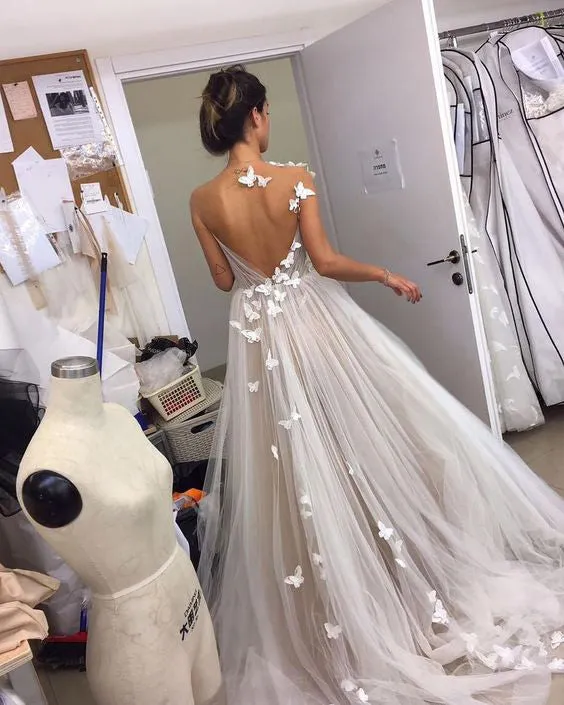Sexy See Through Lace Wedding Dresses with Butterflies Popular A-line Bridal Wedding Gown