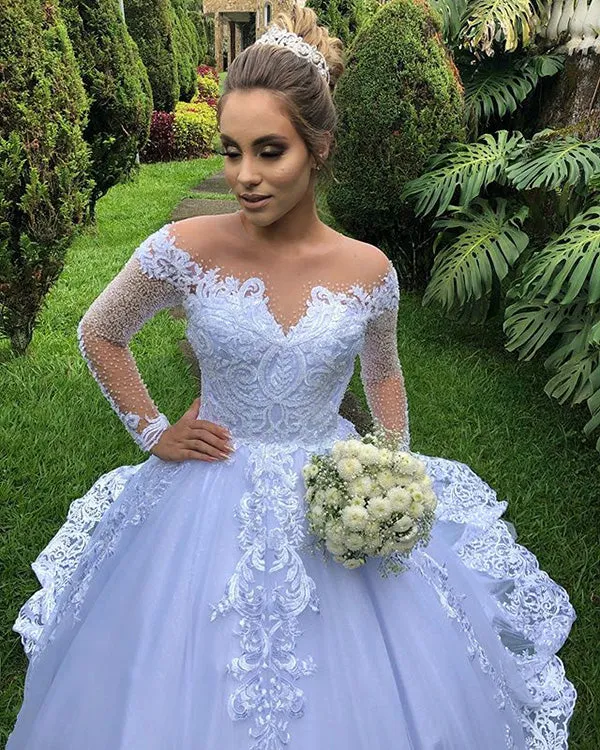 Sexy Sheer Long Sleeve Wedding Dress Beaded Appliques Lace Bridal Gown for Weddings