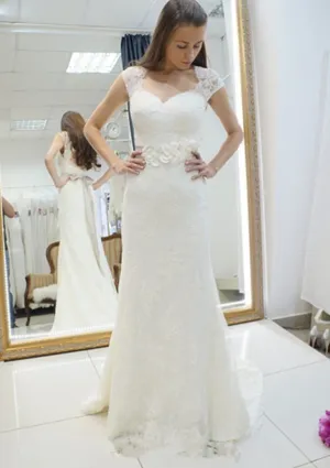 Sheath/Column Cap Sleeeve Court Lace Wedding Dress, Sash Flower