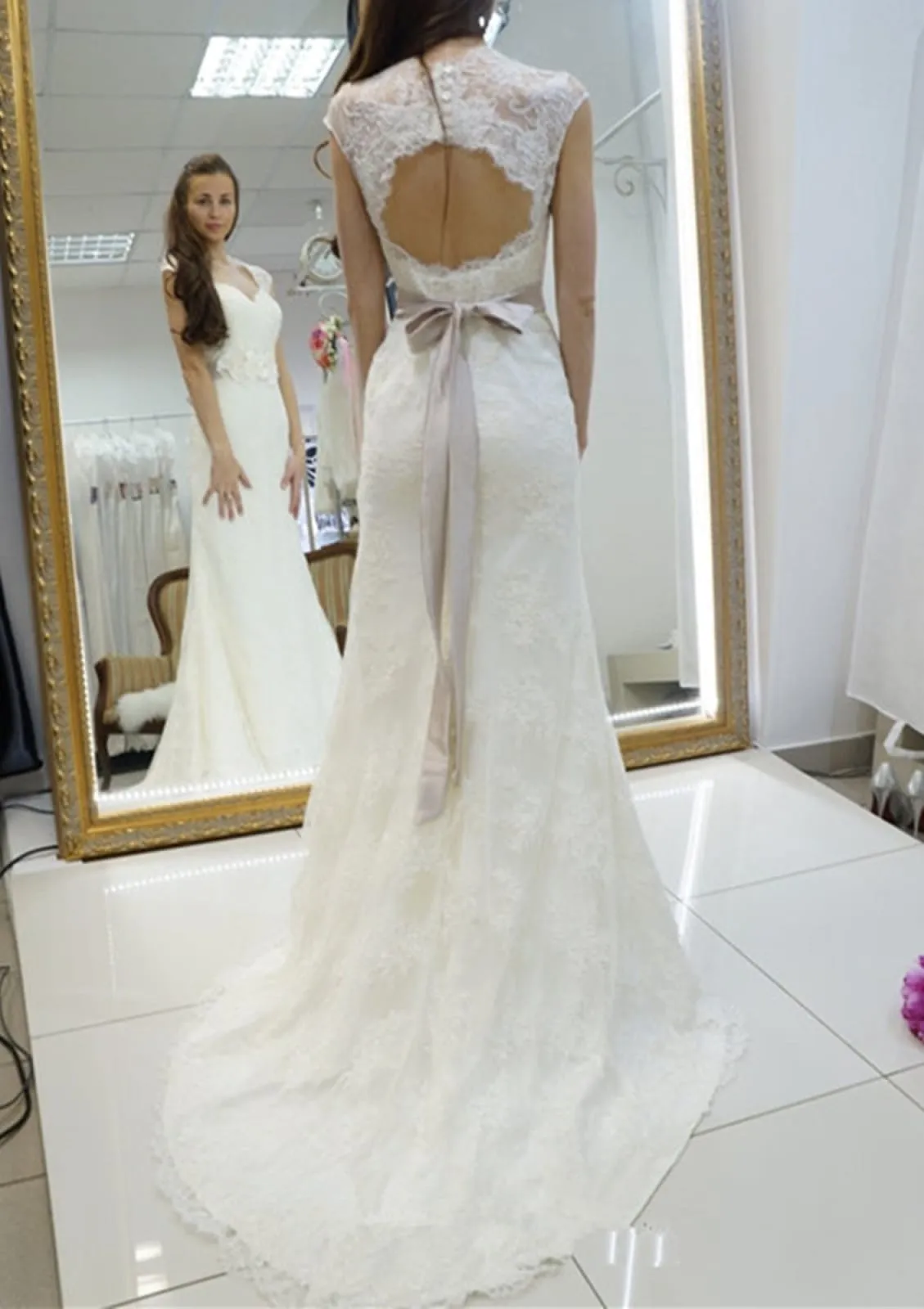Sheath/Column Cap Sleeeve Court Lace Wedding Dress, Sash Flower