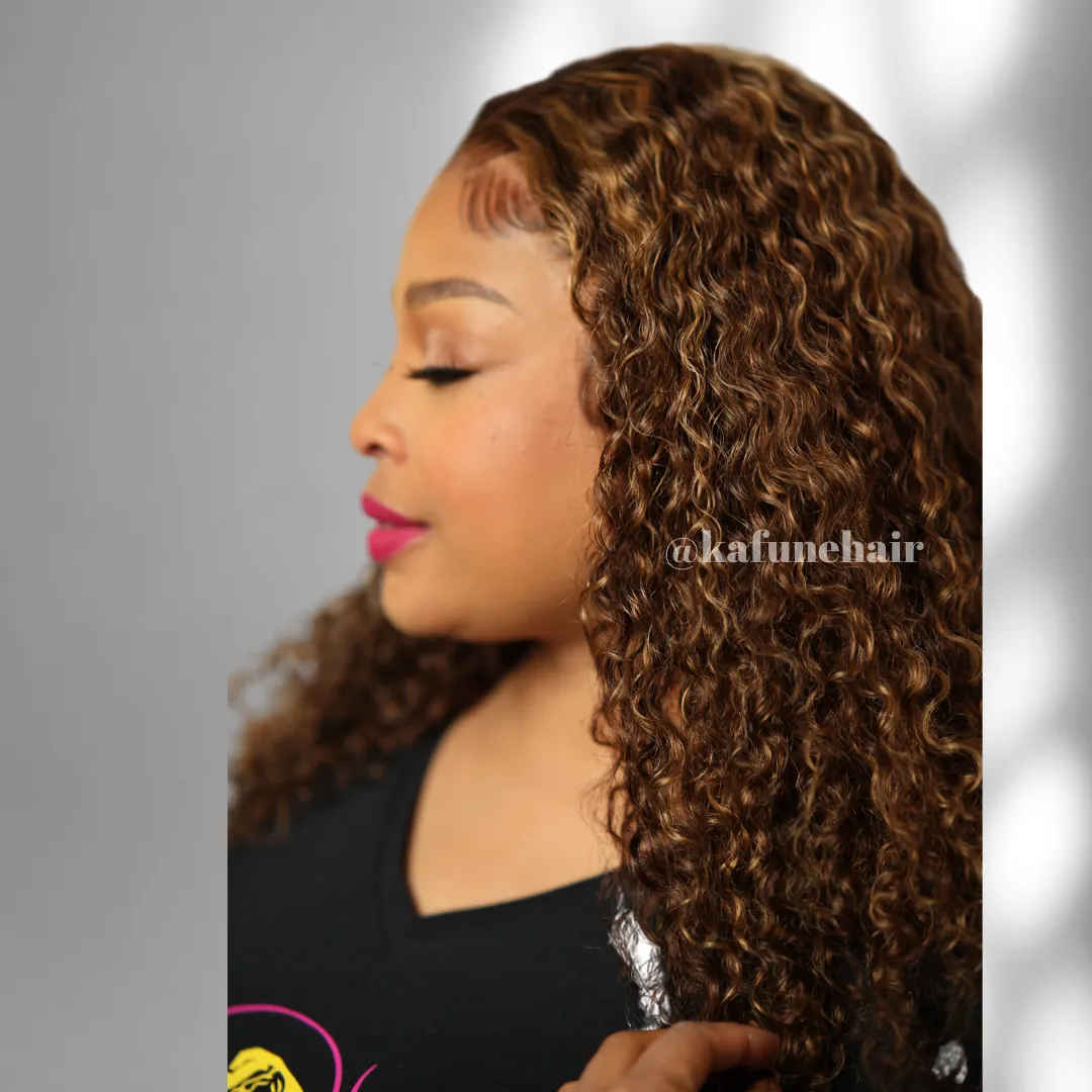 Shonda Lace Front  Wig Medium brown with high lights Deep Curly