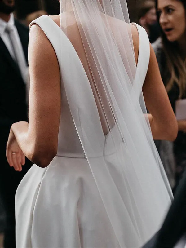 Simple Ivory Satin A-line V-Neck Wedding Dresses with Pockets, MW537
