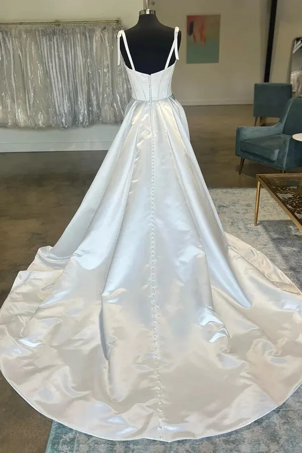 Simple Satin A-line Sweetheart Bow-Straps Wedding Dresses, Bridal Gown, MW957