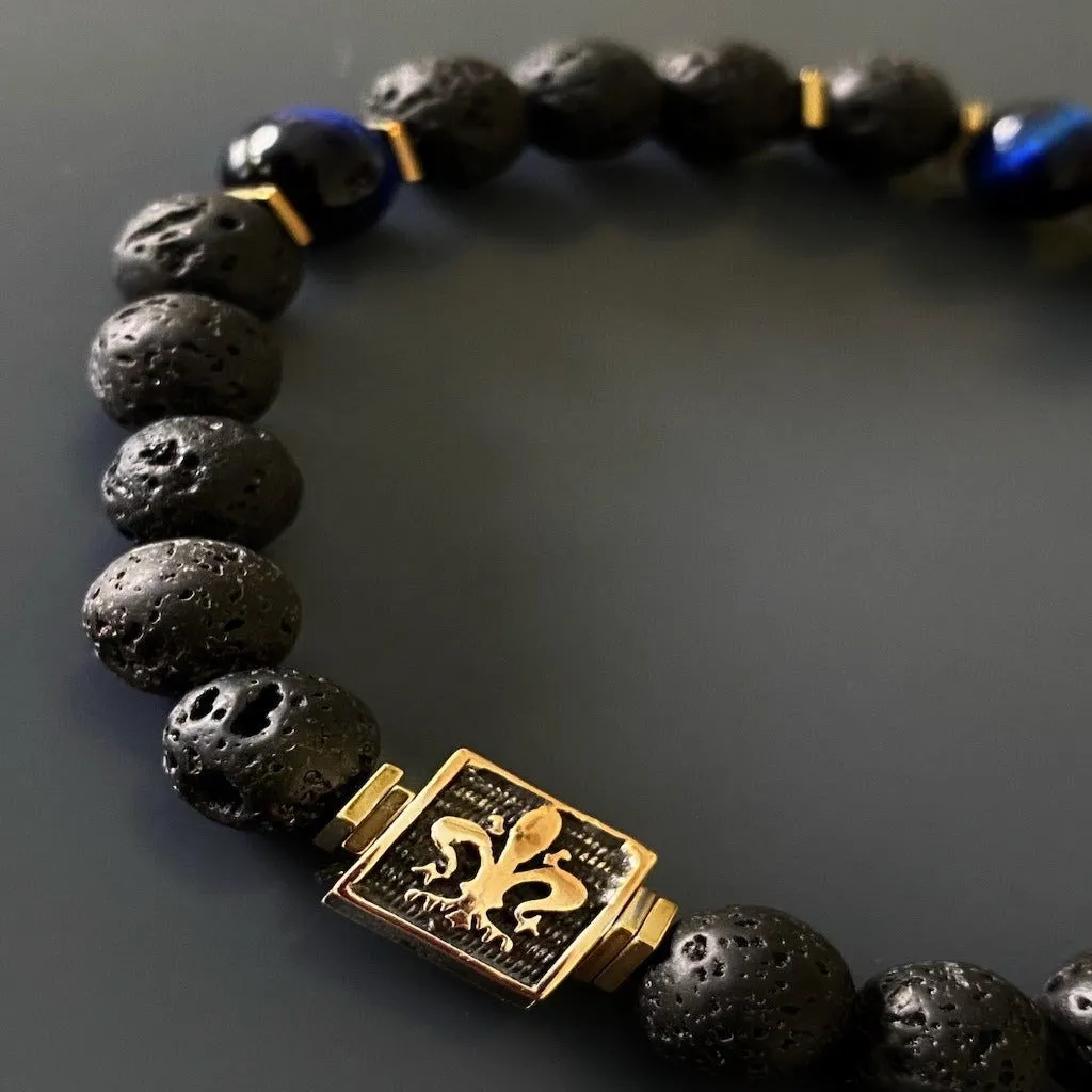 Skull Charm Fleur de Lis Symbol Black Beaded Bracelet