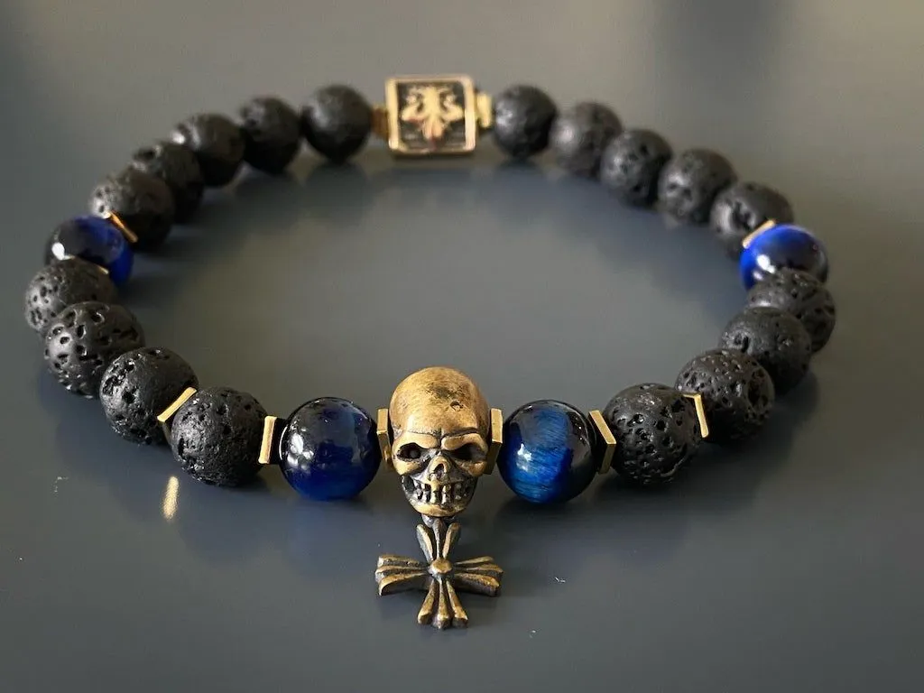 Skull Charm Fleur de Lis Symbol Black Beaded Bracelet