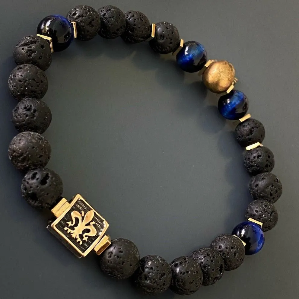 Skull Charm Fleur de Lis Symbol Black Beaded Bracelet