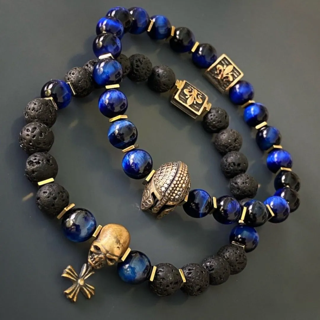 Skull Charm Fleur de Lis Symbol Black Beaded Bracelet
