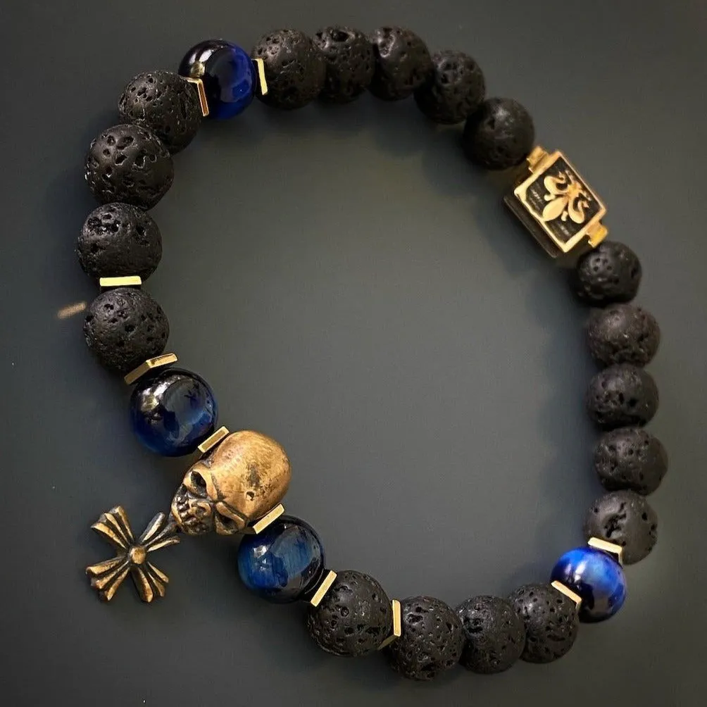 Skull Charm Fleur de Lis Symbol Black Beaded Bracelet