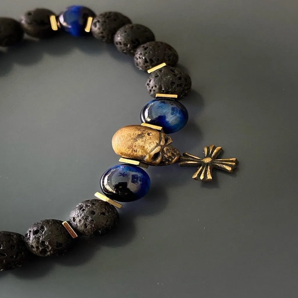 Skull Charm Fleur de Lis Symbol Black Beaded Bracelet