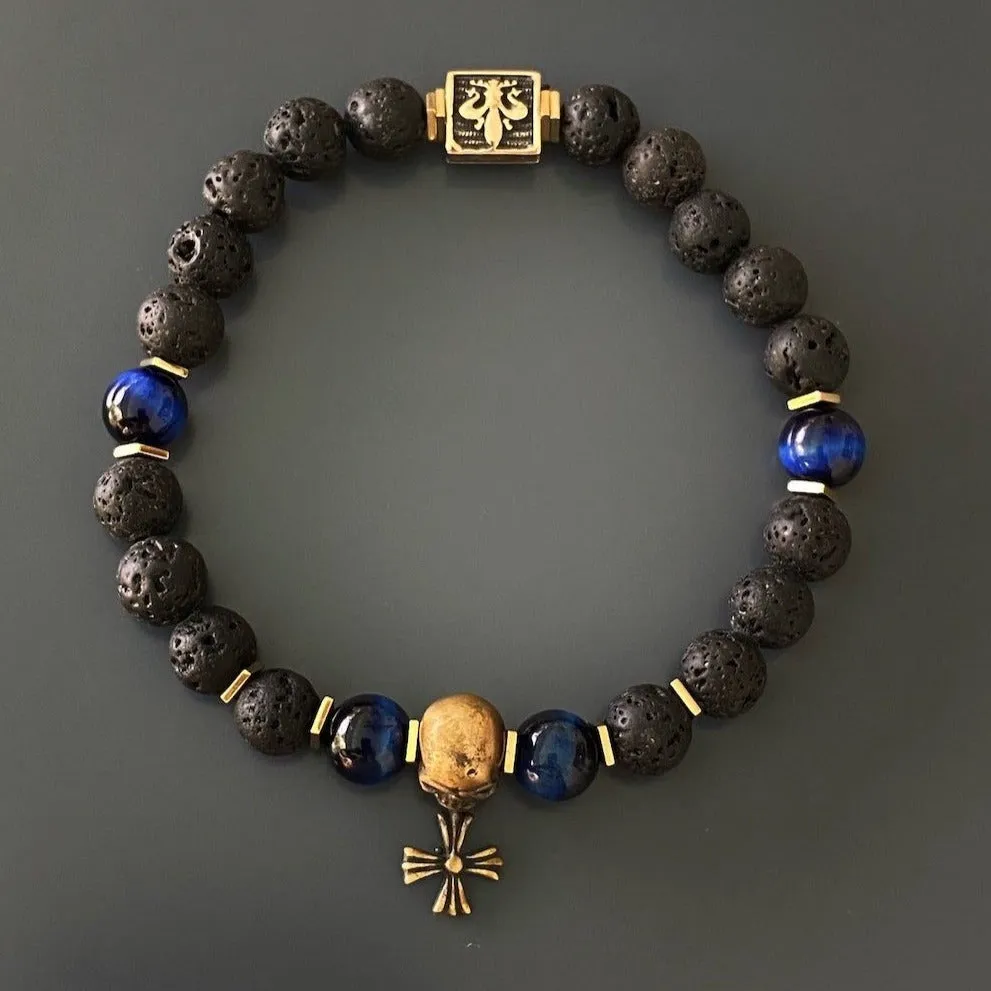 Skull Charm Fleur de Lis Symbol Black Beaded Bracelet