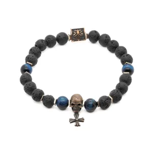 Skull Charm Fleur de Lis Symbol Black Beaded Bracelet