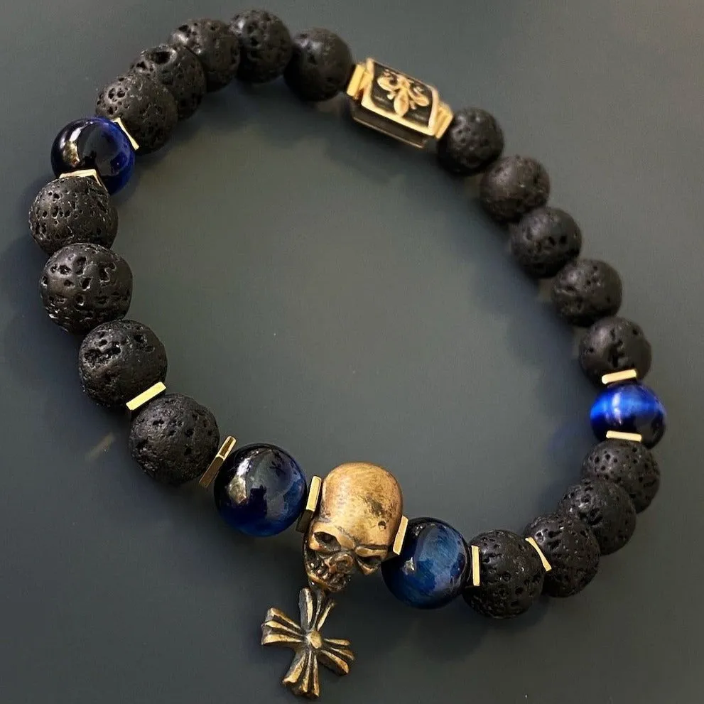 Skull Charm Fleur de Lis Symbol Black Beaded Bracelet