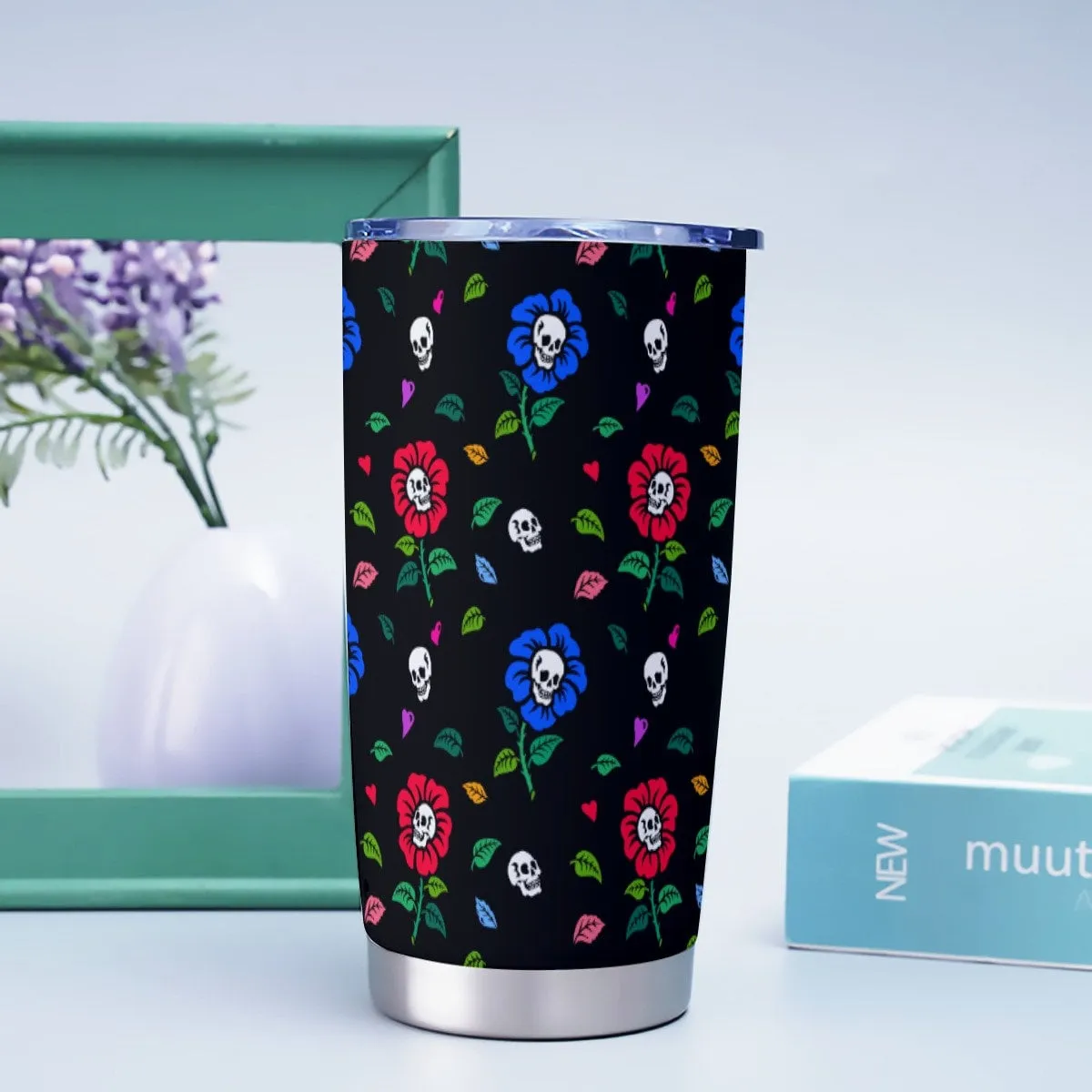 Skull Flowers Black Goth Tumbler – 20oz