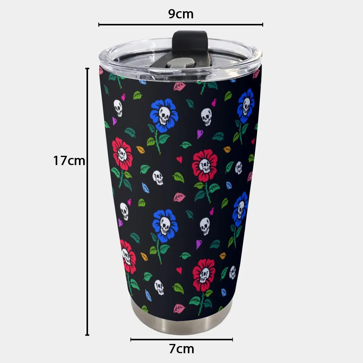 Skull Flowers Black Goth Tumbler – 20oz